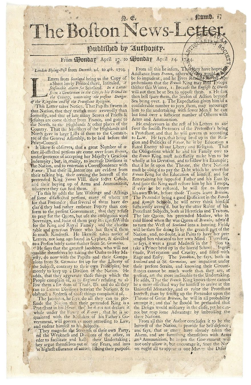 The first issue of the Boston News-Letter, April 1704.