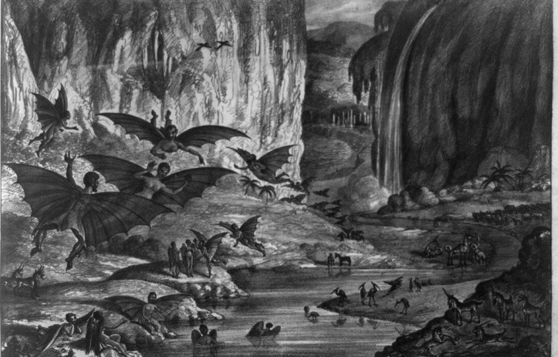 The 1835 Great Moon Hoax lithograph: winged man-bats, unicorns, and temples in a lunar landscape.