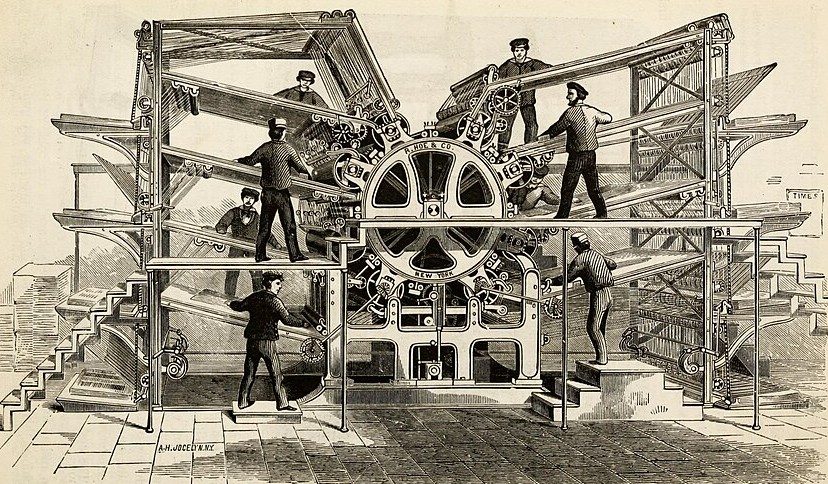 An engraving of R. Hoe and Company's eight-cylinder type-revolving printing machine, worked by several pressmen.
